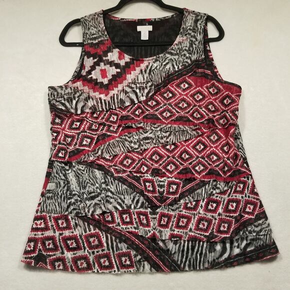 Chicos 2 (Lg) Top Red Aztec Print Tank Scoop Neck Tiered Front Gauze Western - Picture 1 of 5